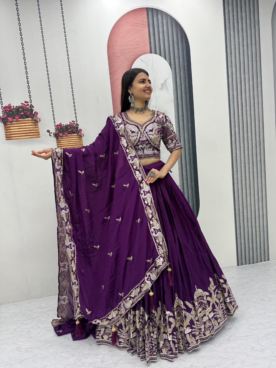 Chinon Lehenga Choli Set with Heavy Embroidery Thread & Sequence Work