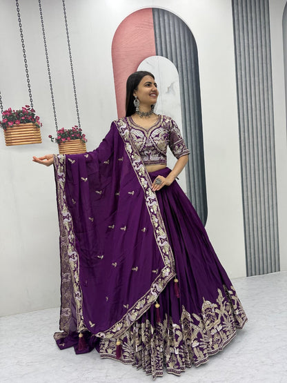 Chinon Lehenga Choli Set with Heavy Embroidery Thread & Sequence Work
