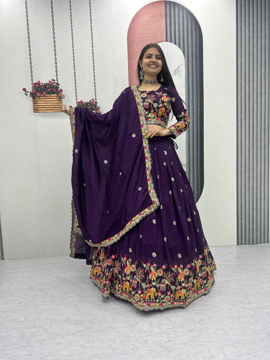 Chinon Lehenga Choli Set with Embroidery Coding Thread Work