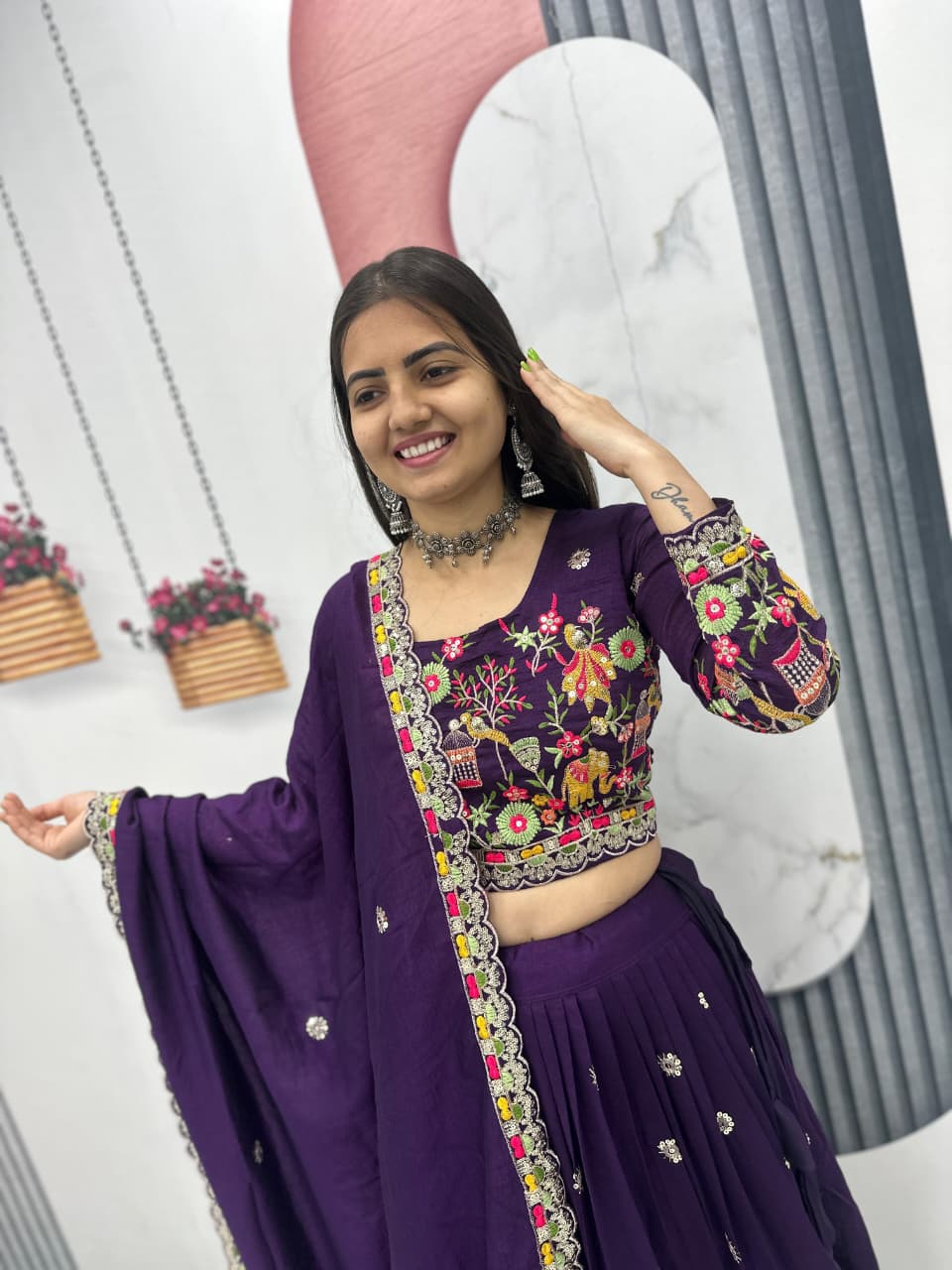 Chinon Lehenga Choli Set with Embroidery Coding Thread Work