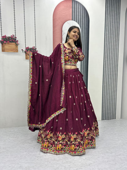 Chinon Lehenga Choli Set with Embroidery Coding Thread Work