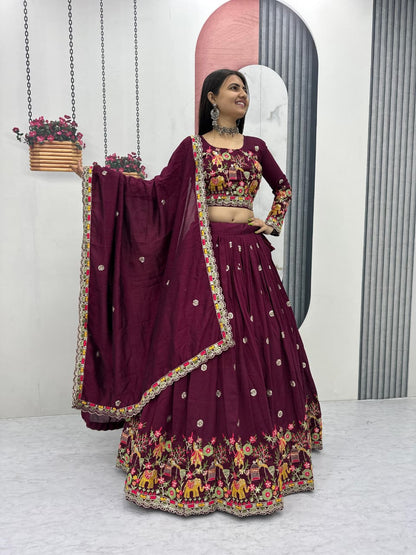 Chinon Lehenga Choli Set with Embroidery Coding Thread Work