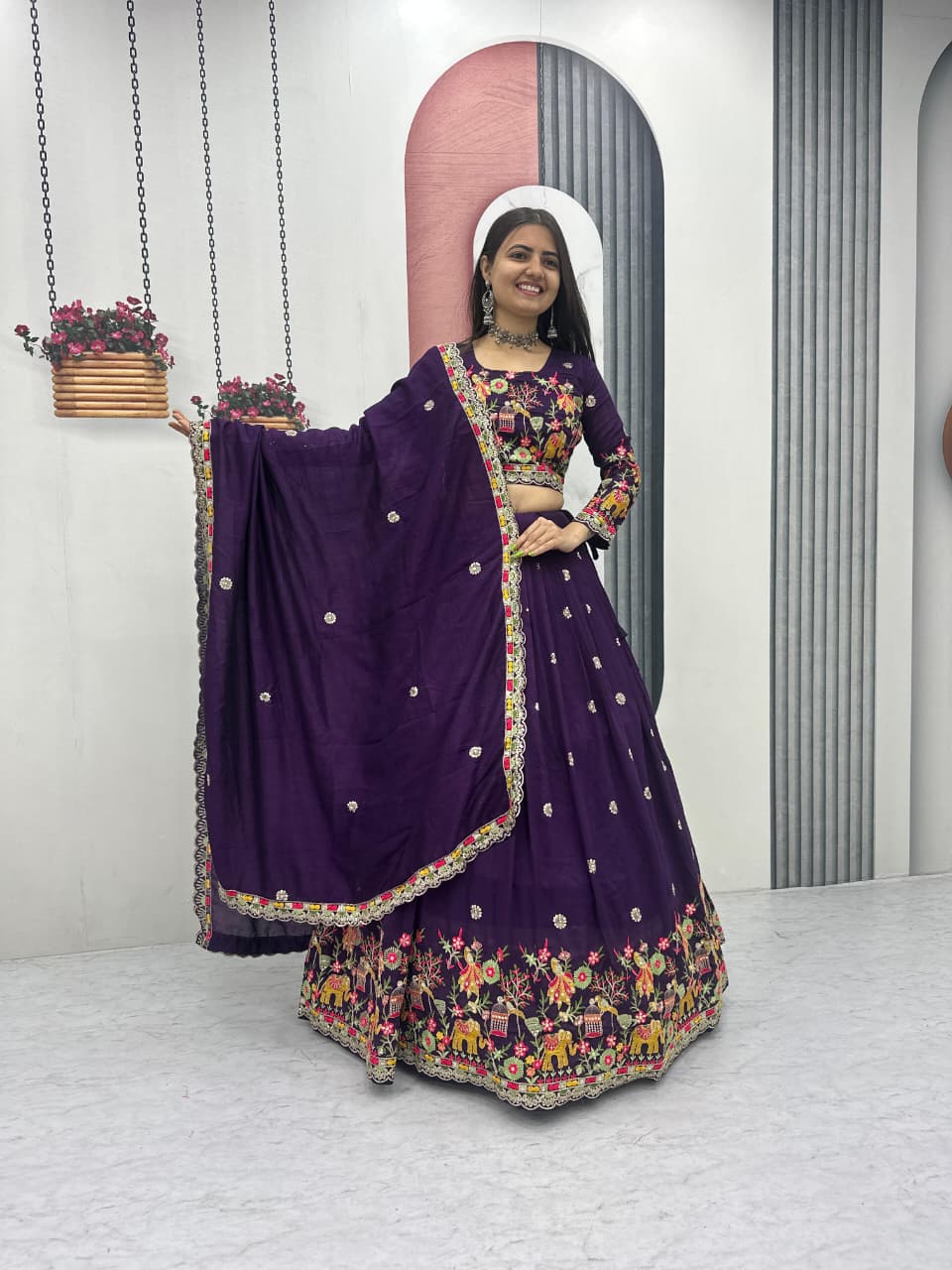 Chinon Lehenga Choli Set with Embroidery Coding Thread Work