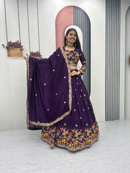 Chinon Lehenga Choli Set with Embroidery Coding Thread Work
