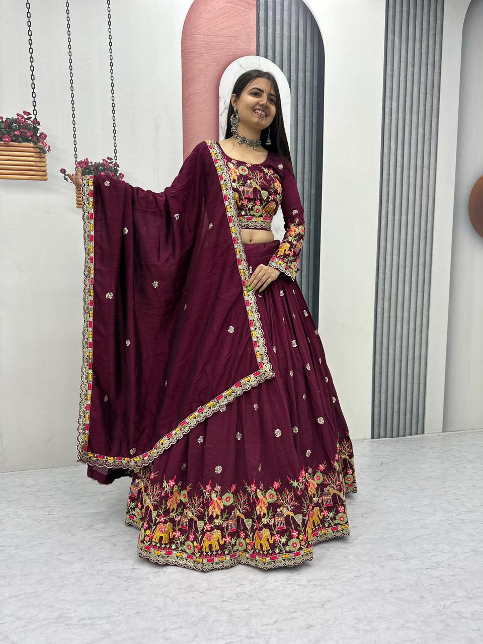 Chinon Lehenga Choli Set with Embroidery Coding Thread Work