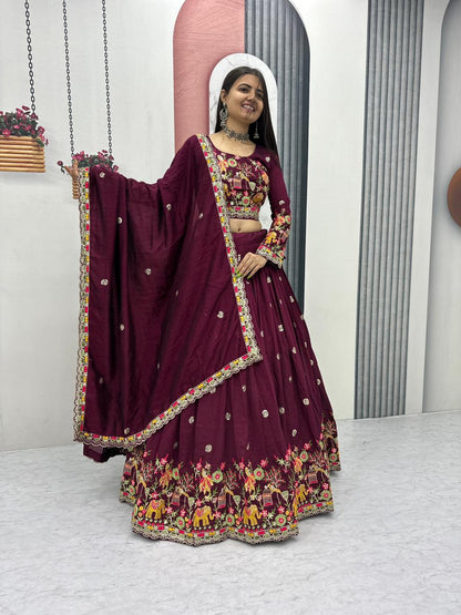 Chinon Lehenga Choli Set with Embroidery Coding Thread Work