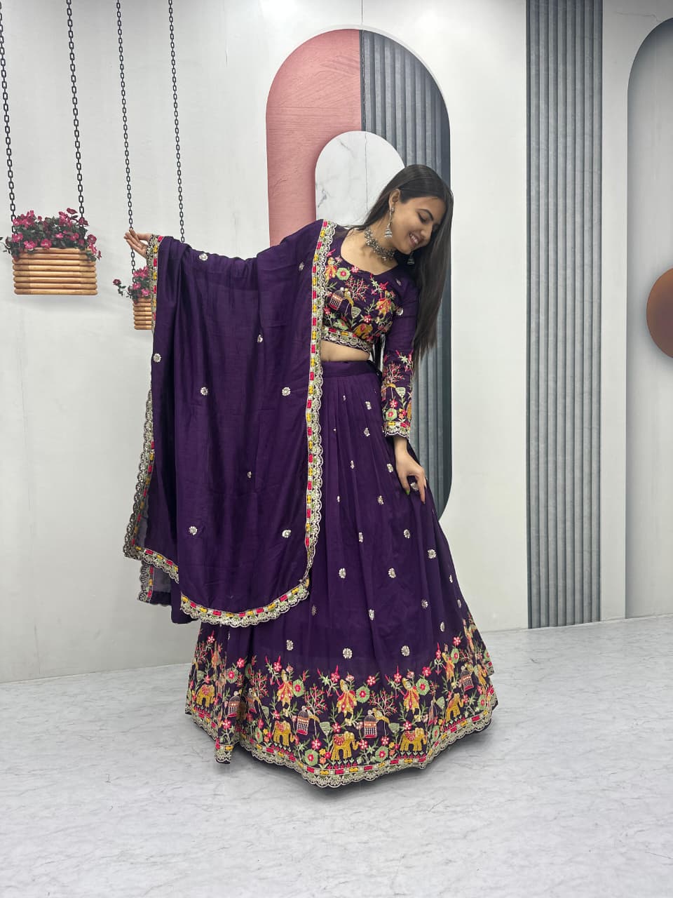 Chinon Lehenga Choli Set with Embroidery Coding Thread Work