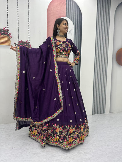 Chinon Lehenga Choli Set with Embroidery Coding Thread Work
