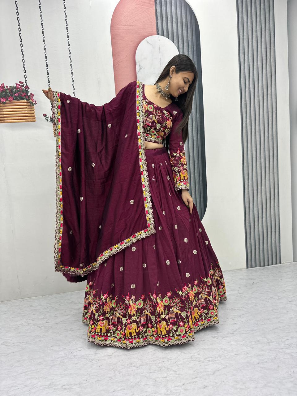 Chinon Lehenga Choli Set with Embroidery Coding Thread Work