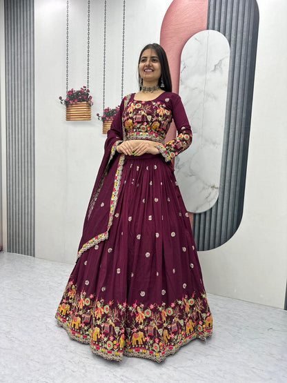 Chinon Lehenga Choli Set with Embroidery Coding Thread Work