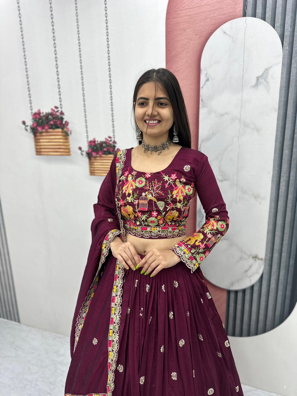 Chinon Lehenga Choli Set with Embroidery Coding Thread Work