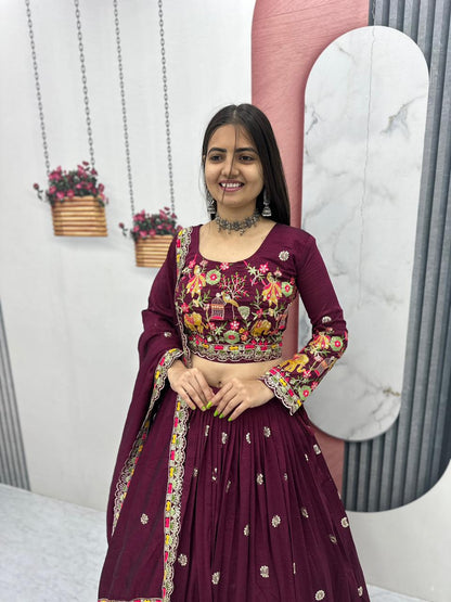 Chinon Lehenga Choli Set with Embroidery Coding Thread Work