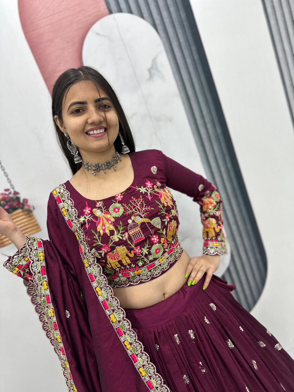 Chinon Lehenga Choli Set with Embroidery Coding Thread Work