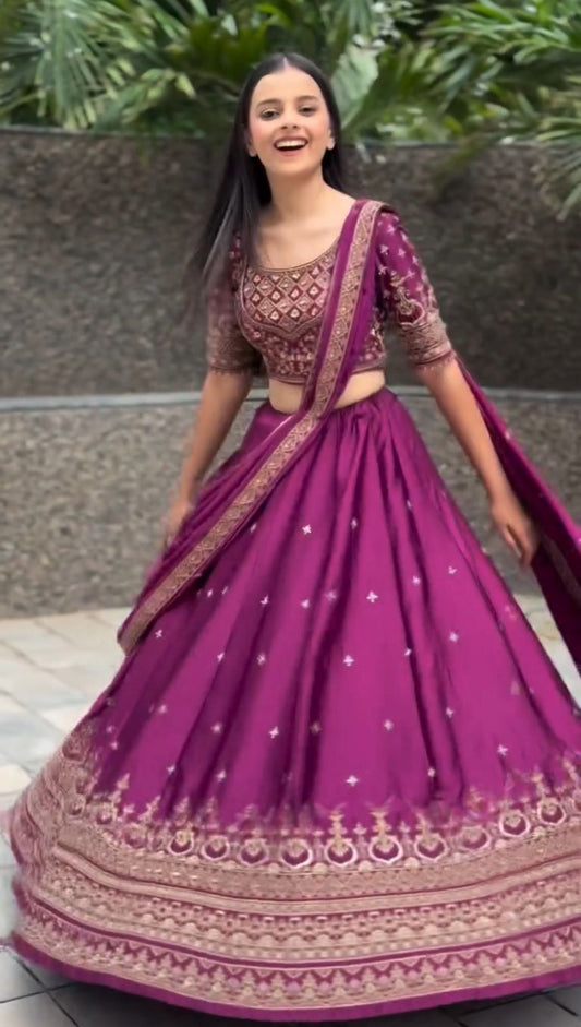 Women’s Chinon Lehenga Choli Set with Heavy Embroidery Thread & Sequins Work
