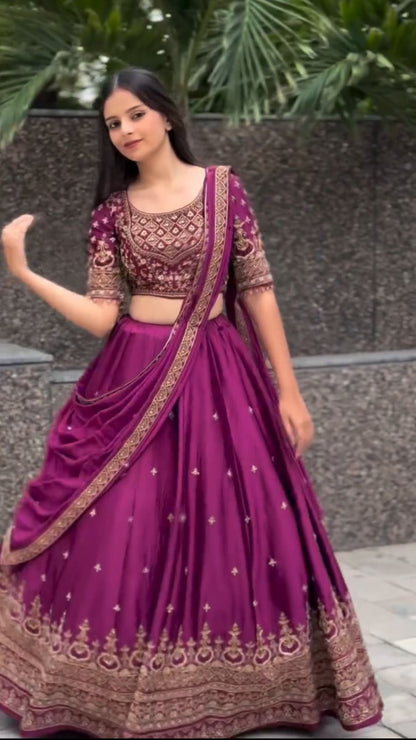 Women’s Chinon Lehenga Choli Set with Heavy Embroidery Thread & Sequins Work
