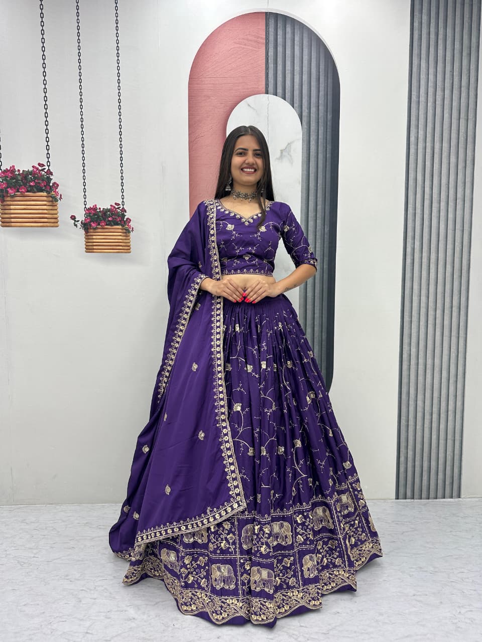 Women’s Crepe Silk Lehenga Choli Set with Heavy Embroidery Thread & Sequins Work