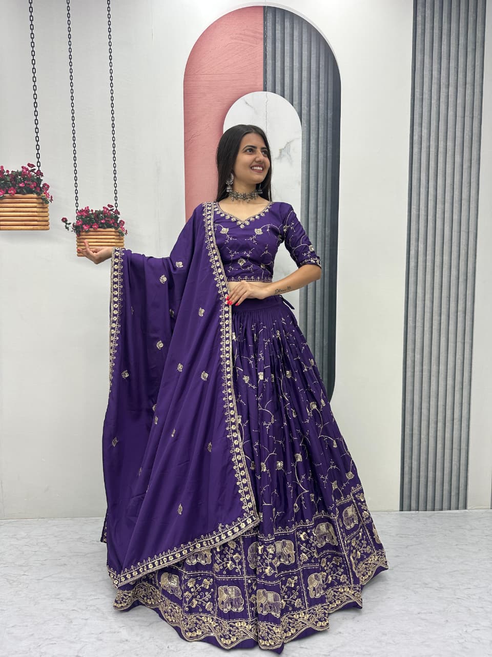 Women’s Crepe Silk Lehenga Choli Set with Heavy Embroidery Thread & Sequins Work