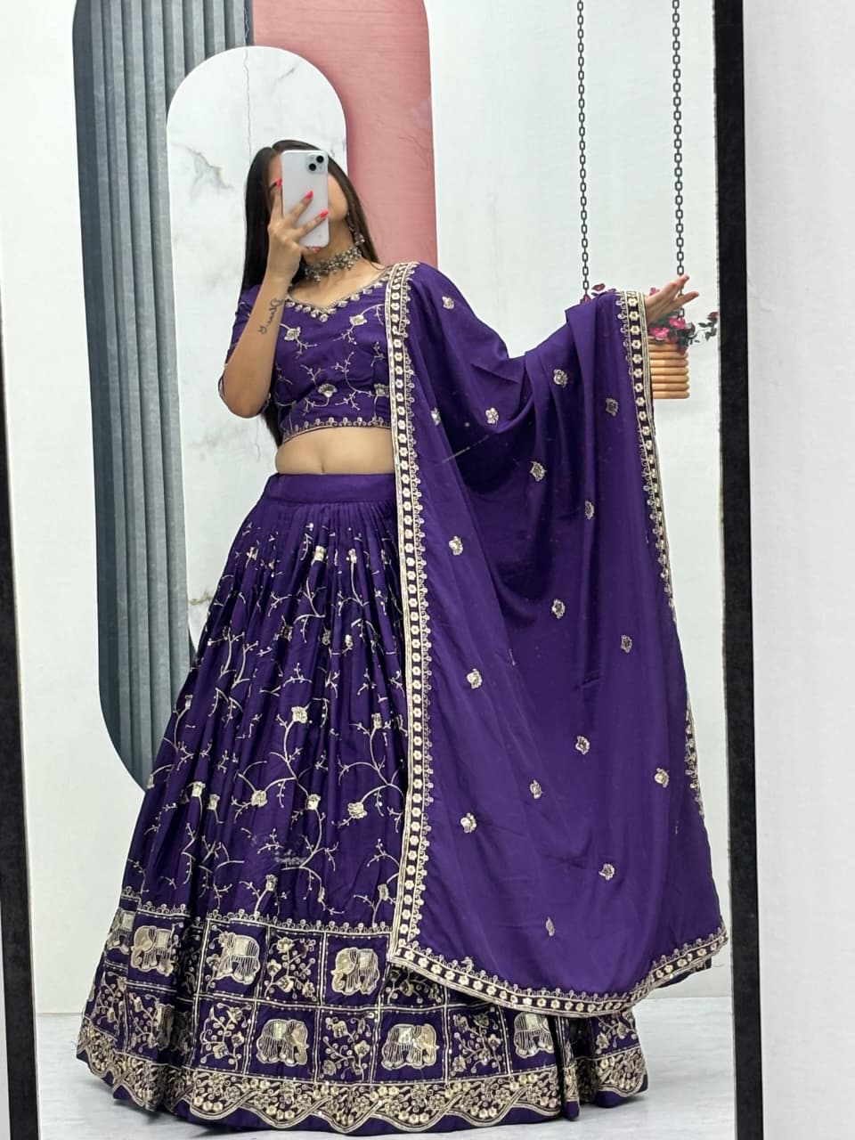 Women’s Crepe Silk Lehenga Choli Set with Heavy Embroidery Thread & Sequins Work