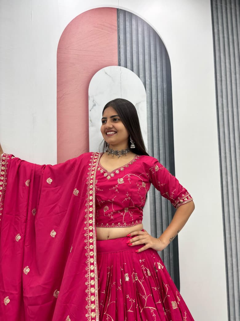 Women’s Crepe Silk Lehenga Choli Set with Heavy Embroidery Thread & Sequins Work