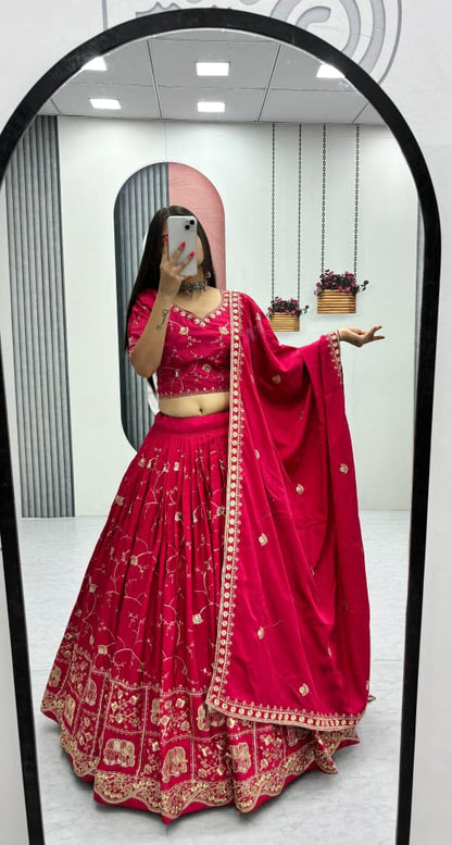 Women’s Crepe Silk Lehenga Choli Set with Heavy Embroidery Thread & Sequins Work