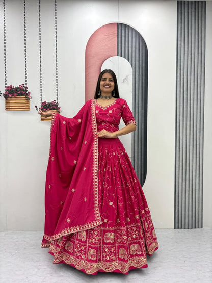 Women’s Crepe Silk Lehenga Choli Set with Heavy Embroidery Thread & Sequins Work