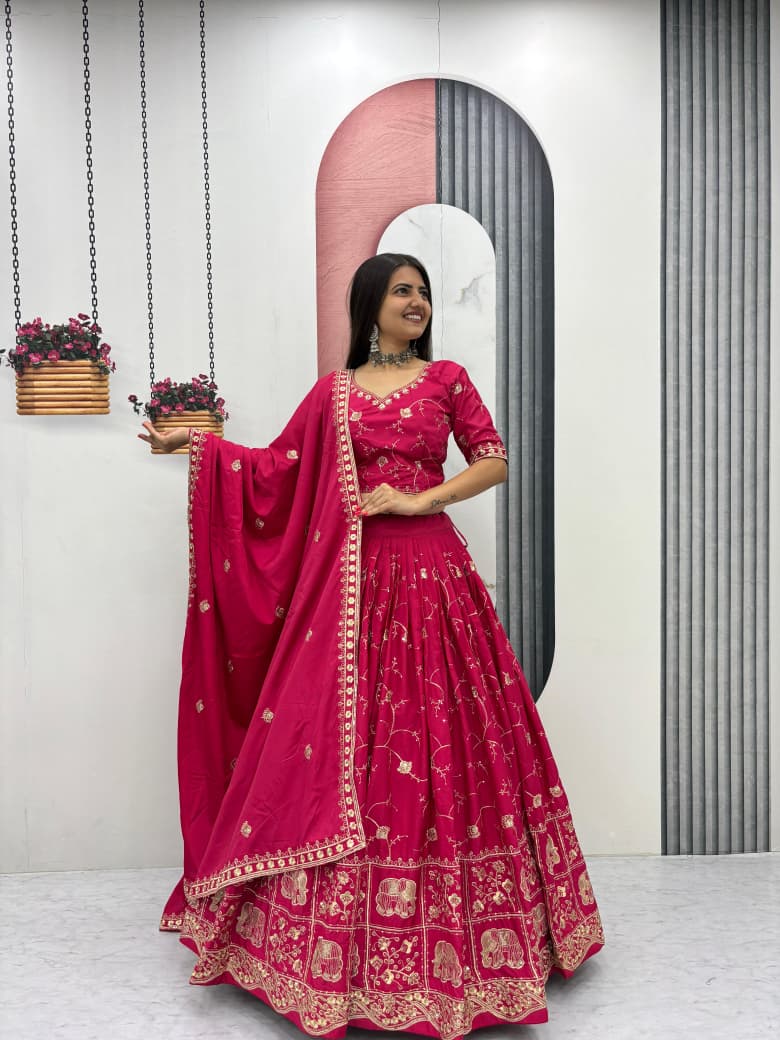 Women’s Crepe Silk Lehenga Choli Set with Heavy Embroidery Thread & Sequins Work