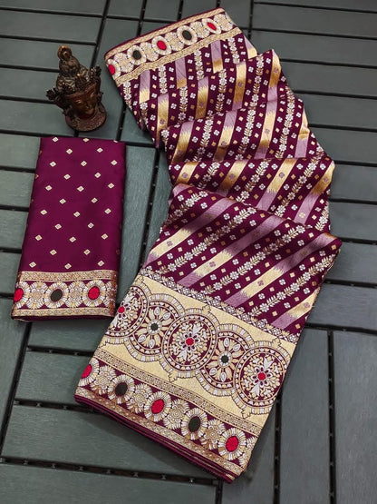 Sawan Special Royal Maroon Bandhej Embroidered Saree