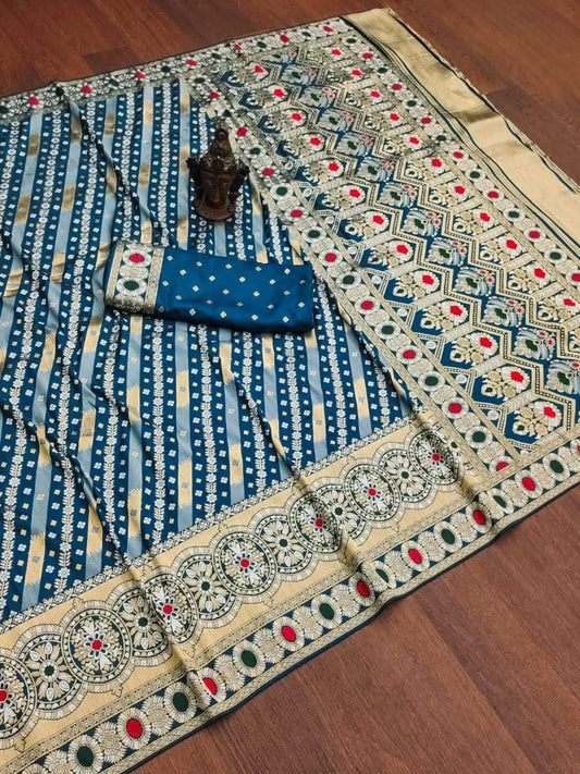 Sawan Special Royal Blue Bandhani Embroidered Saree