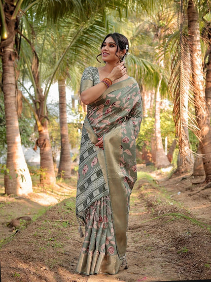 Olive Soft Tussar Silk Saree with Contemporary Pallu