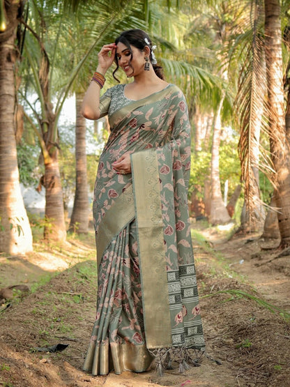 Olive Soft Tussar Silk Saree with Contemporary Pallu