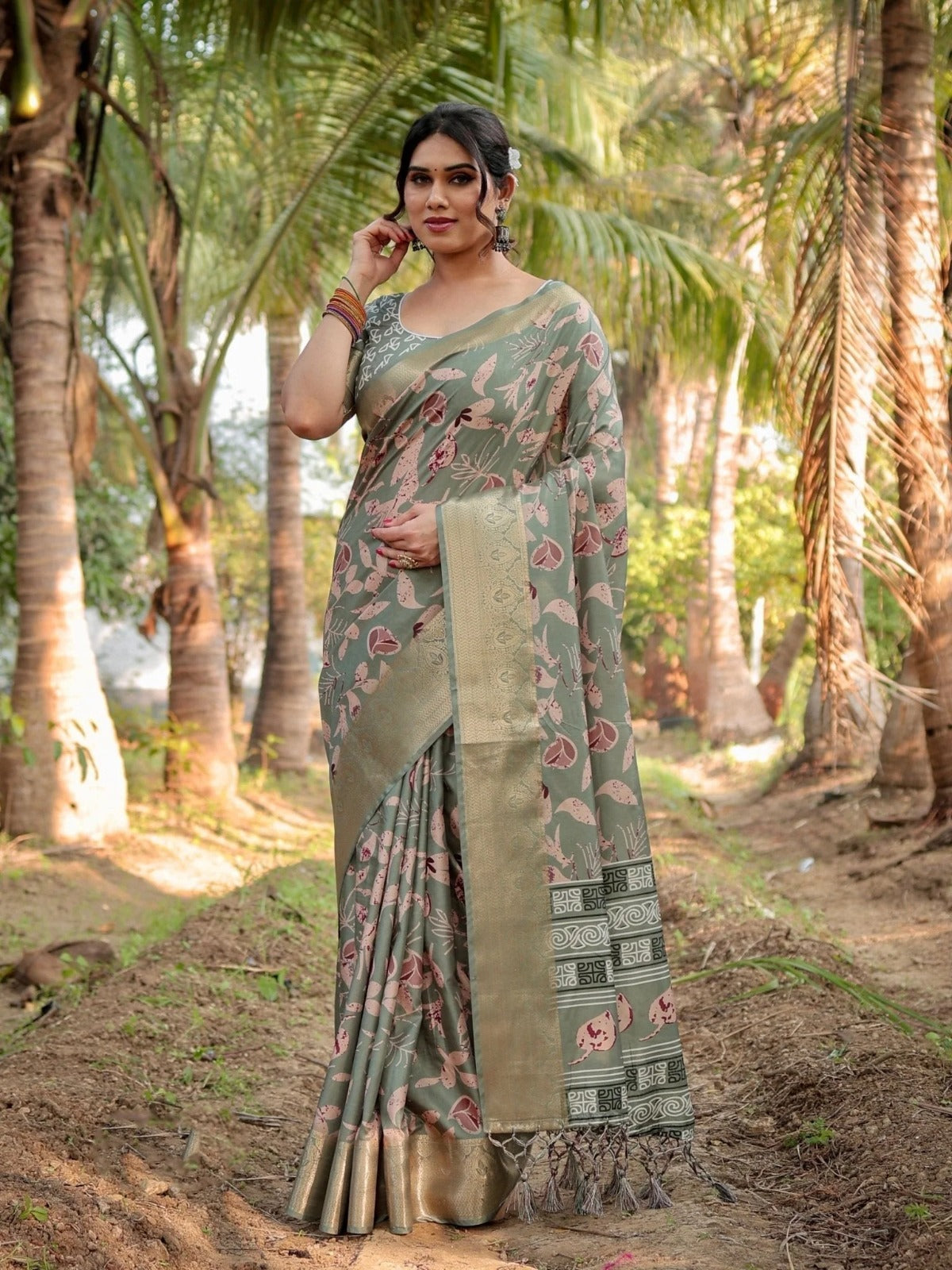 Olive Soft Tussar Silk Saree with Contemporary Pallu