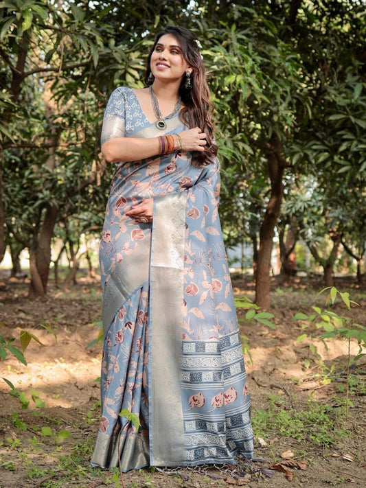 Sky Blue Tussar Silk Saree with Contemporary Pallu