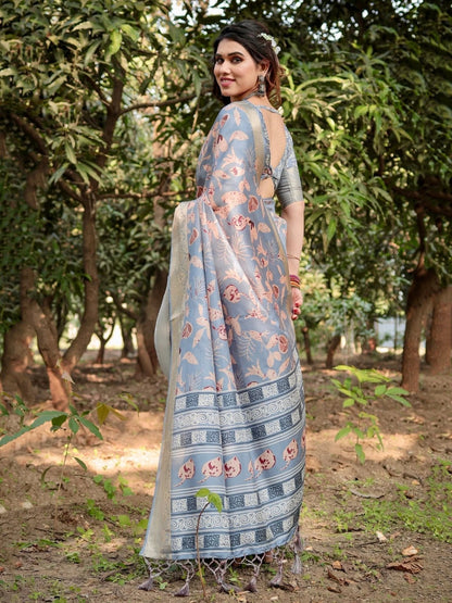 Sky Blue Tussar Silk Saree with Contemporary Pallu