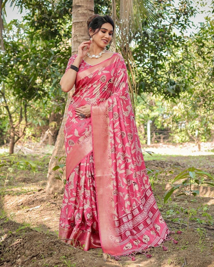 Vibrant Pink Tussar Silk Saree with Intricate Zari Border and Modern Floral Pallu