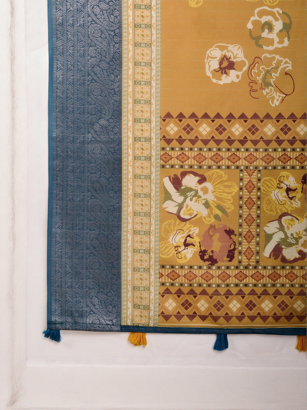 Yellow Floral Printed Zari Pure Crepe Saree