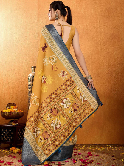Yellow Floral Printed Zari Pure Crepe Saree