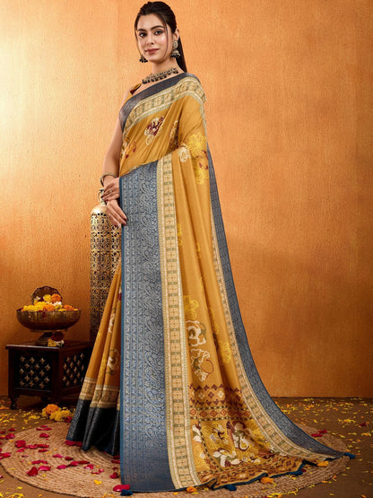 Yellow Floral Printed Zari Pure Crepe Saree