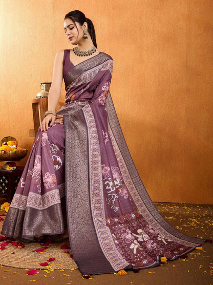 Purple Floral Printed Zari Pure Crepe Saree