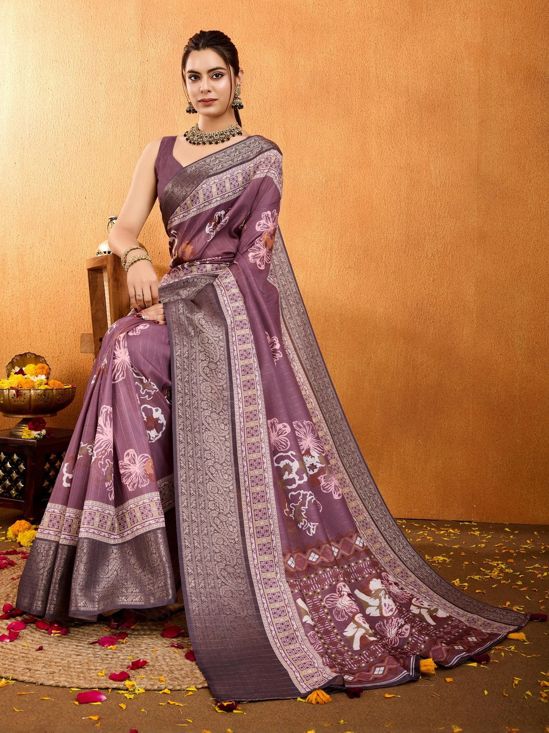 Purple Floral Printed Zari Pure Crepe Saree