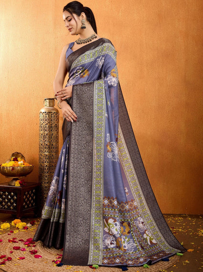 Blue Floral Printed Zari Pure Crepe Saree