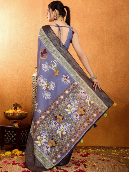Blue Floral Printed Zari Pure Crepe Saree