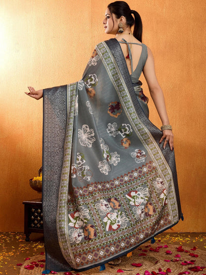 Grey Floral Printed Zari Pure Crepe Saree