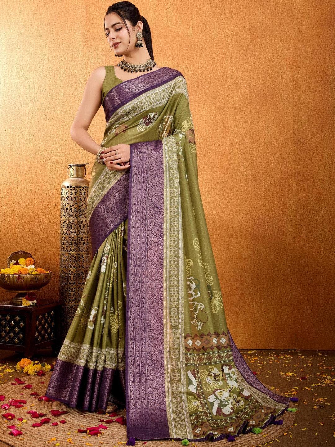 Mehandi Floral Printed Zari Pure Crepe Saree