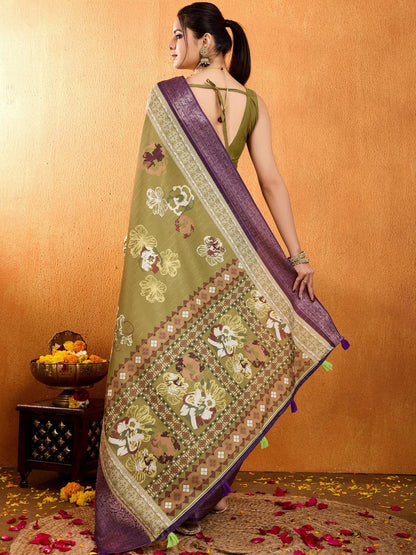 Mehandi Floral Printed Zari Pure Crepe Saree
