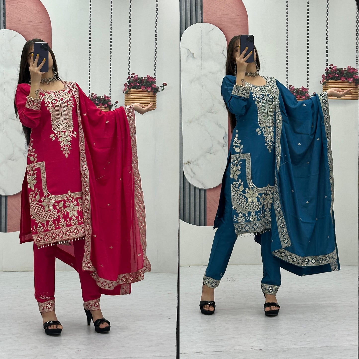 Chinon Embroidered Top Pant Set with Dupatta