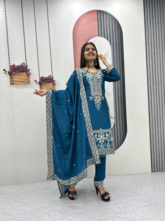 Chinon Embroidered Top Pant Set with Dupatta