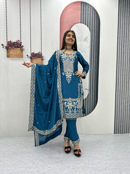 Chinon Embroidered Top Pant Set with Dupatta