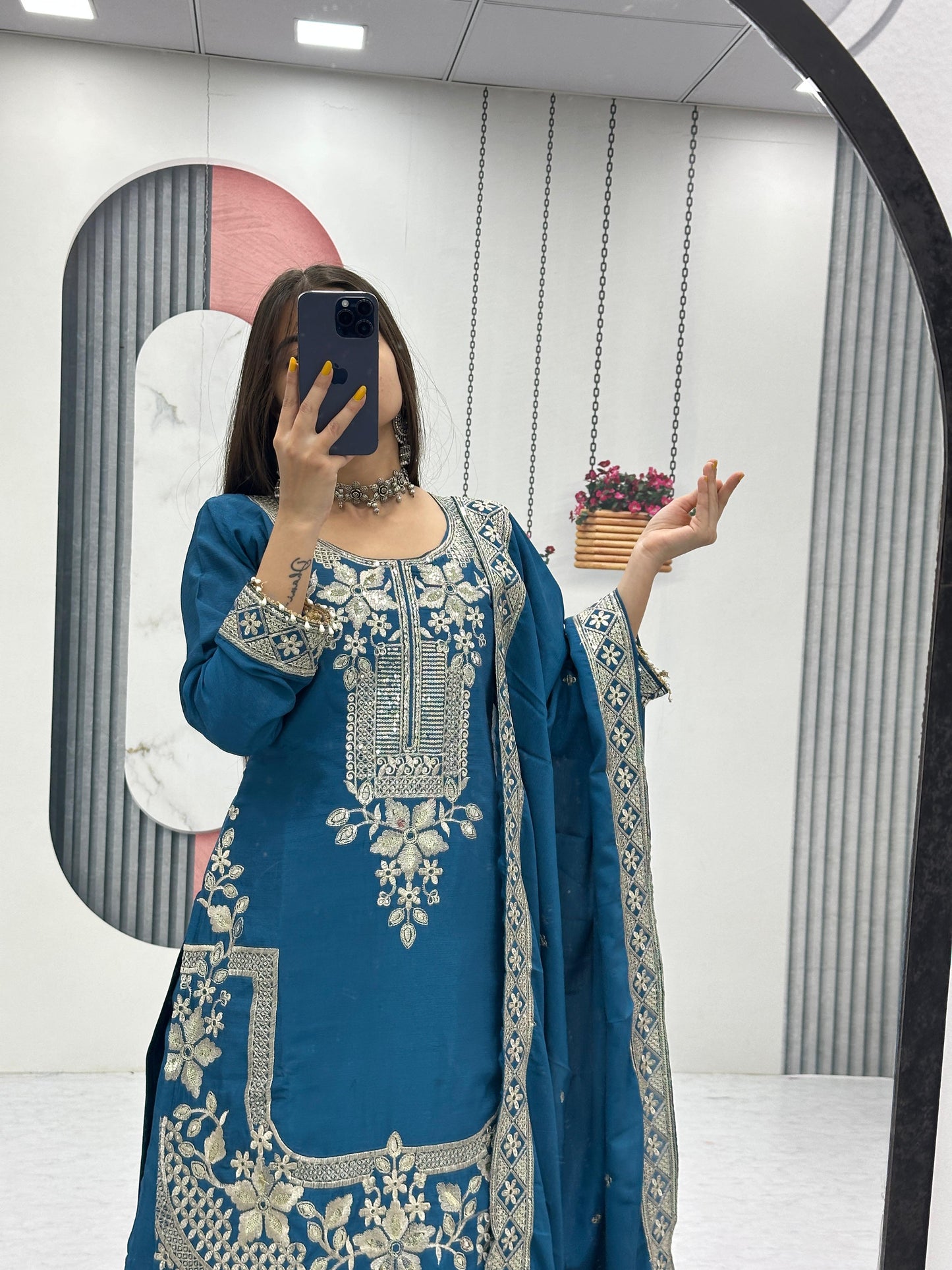 Chinon Embroidered Top Pant Set with Dupatta