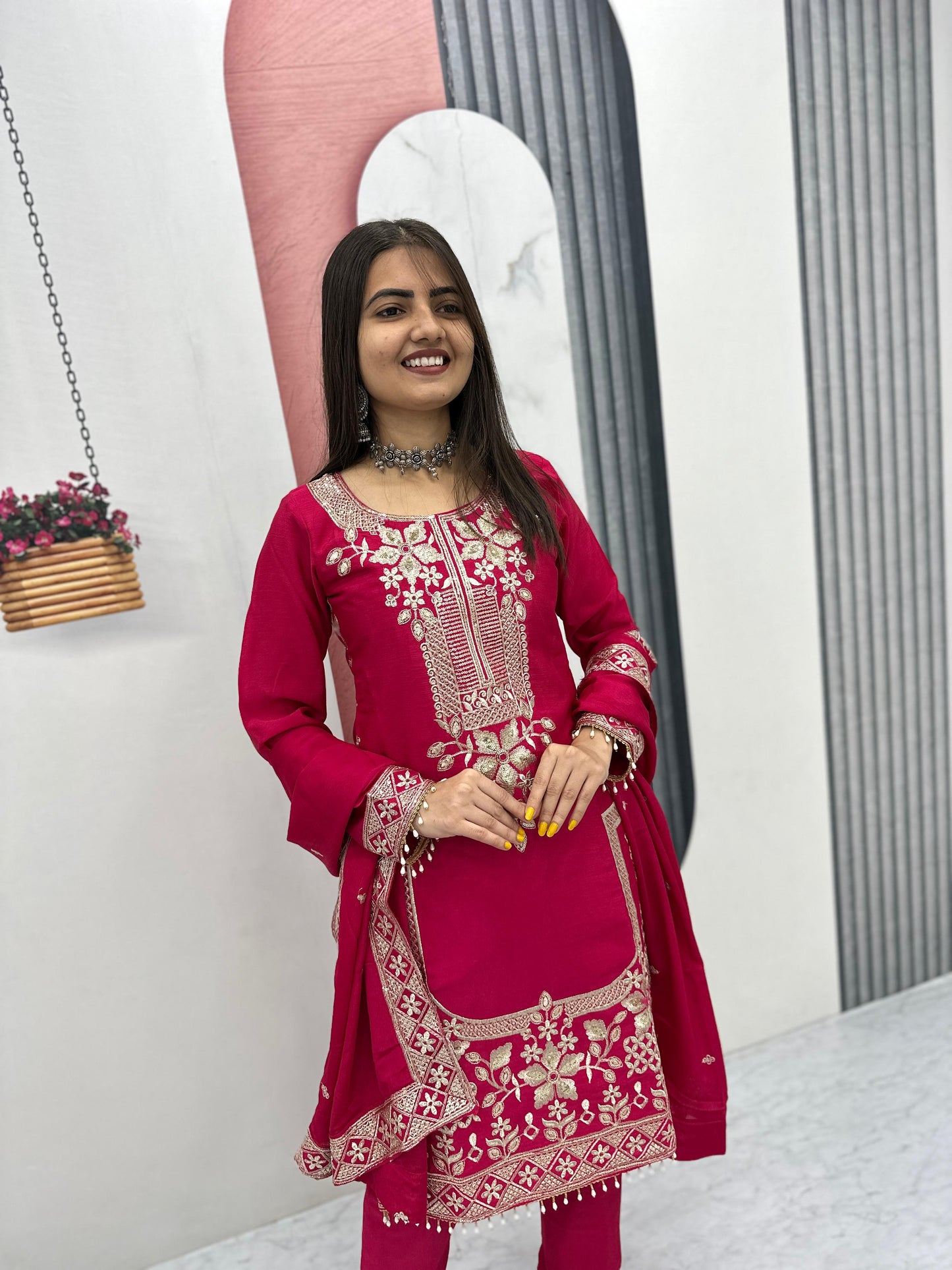 Chinon Embroidered Top Pant Set with Dupatta