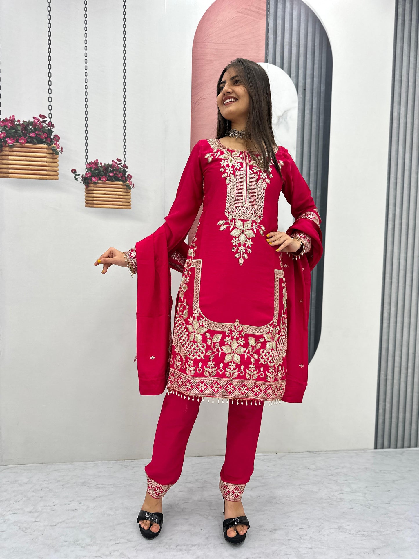 Chinon Embroidered Top Pant Set with Dupatta